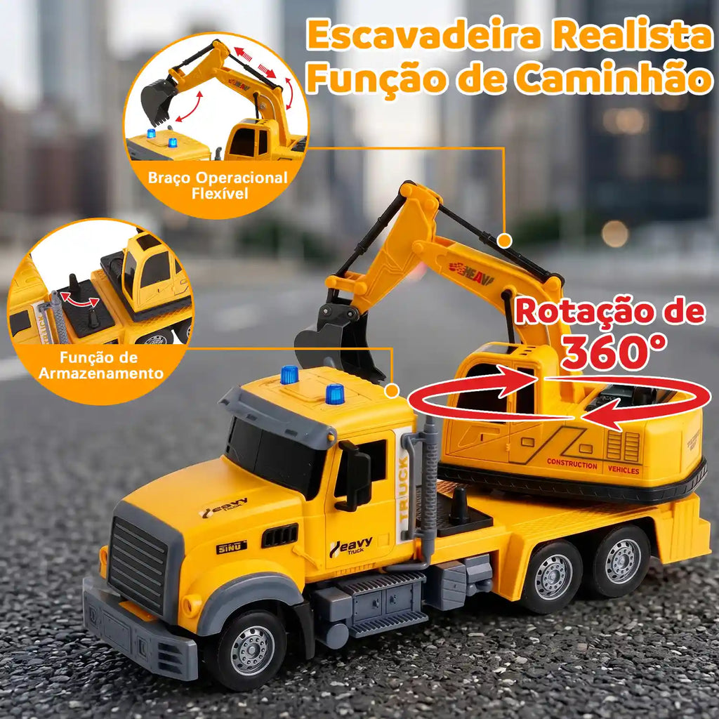 Caminhão escavadeira por controle remoto amarelo com braço articulado, carroceria traseira e indicação visual de giro.
