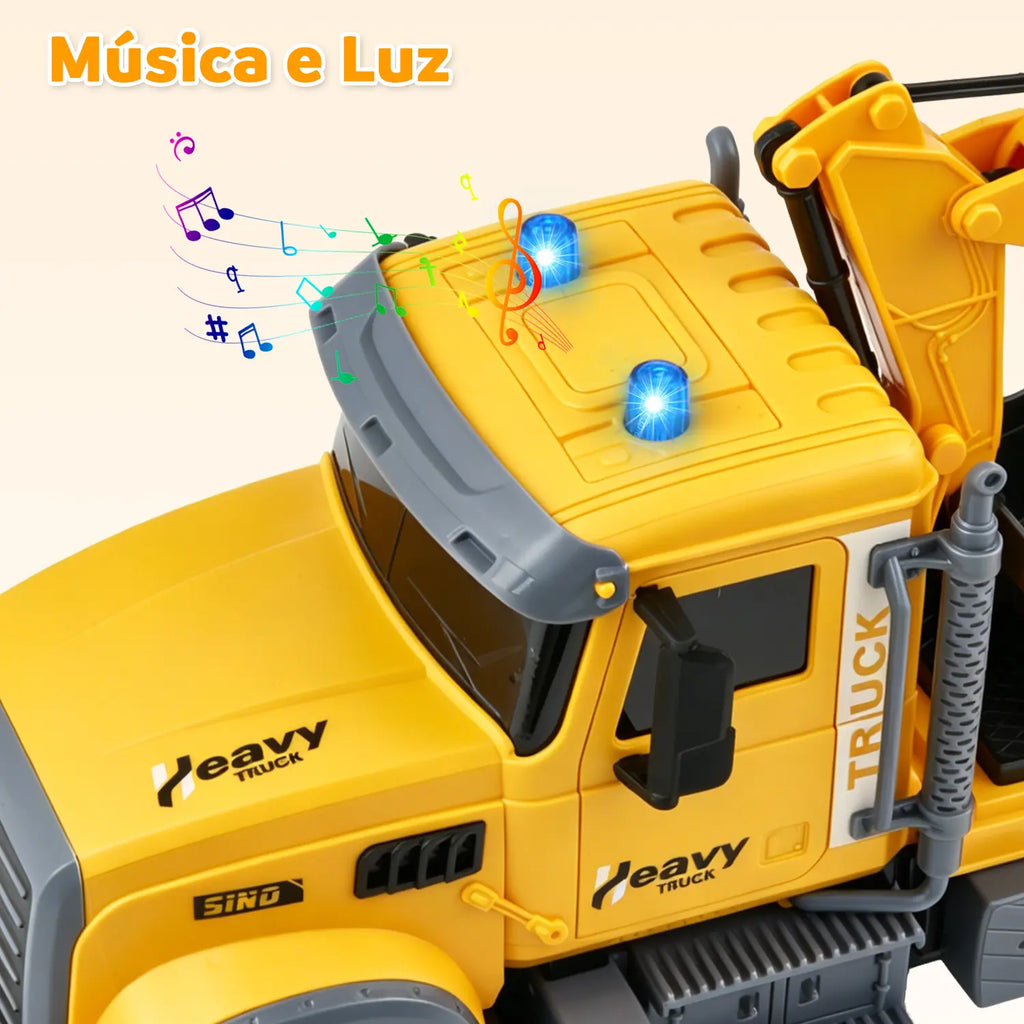 Caminhão escavadeira por controle remoto amarelo com close da cabine amarela e luz azul acesa no teto.