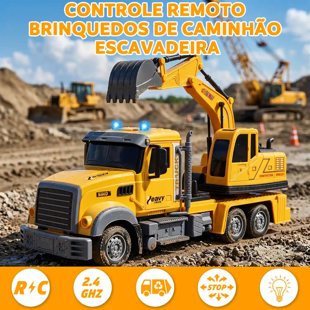 Caminhão escavadeira por controle remoto amarelo em cenário de obra com controle remoto e luzes do caminhão visíveis.