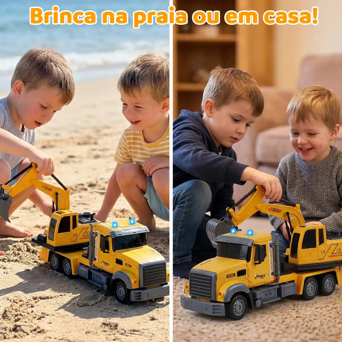 Caminhão escavadeira por controle remoto amarelo em duas cenas com crianças brincando na areia e em ambiente interno.