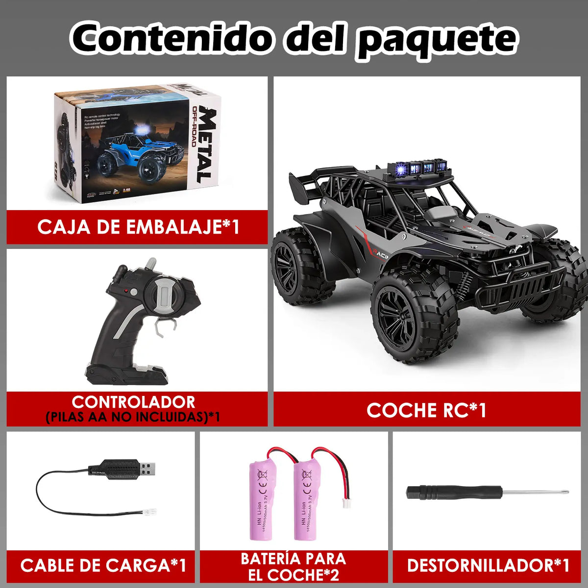 Carro de controle remoto preto e cinza com caixa, controle, cabo USB, baterias, chave e veículo organizados.