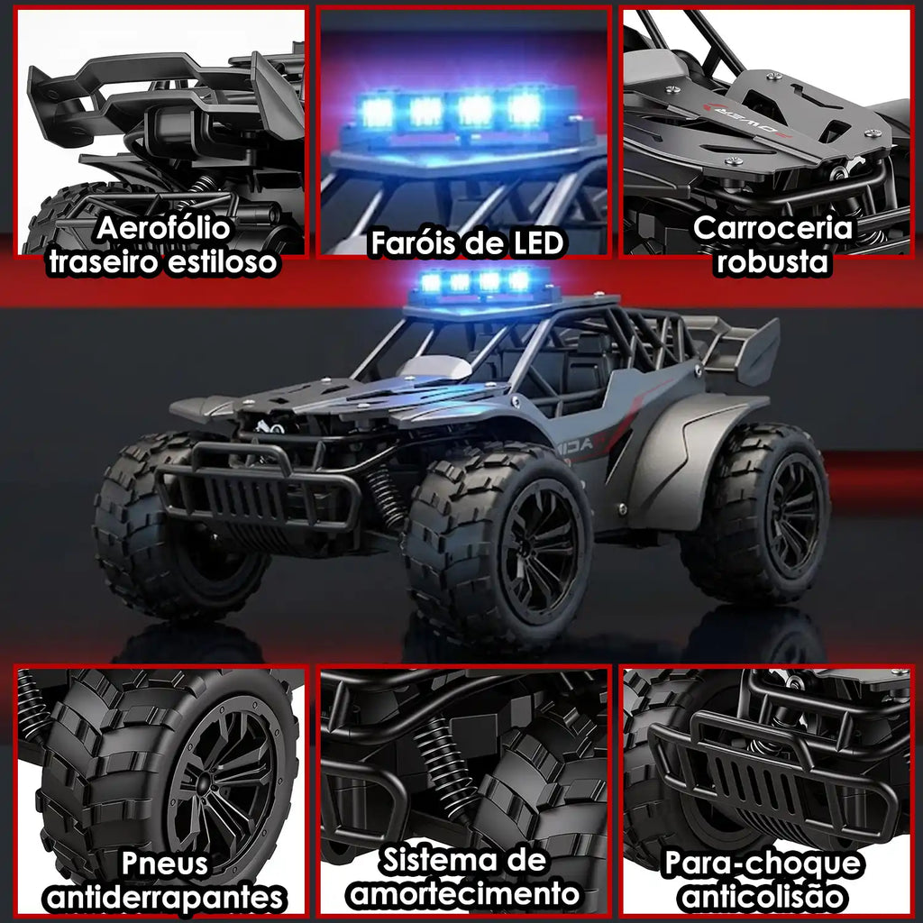 Carro de controle remoto preto e cinza com close do aerofólio, faróis, rodas, suspensão e para-choque.
