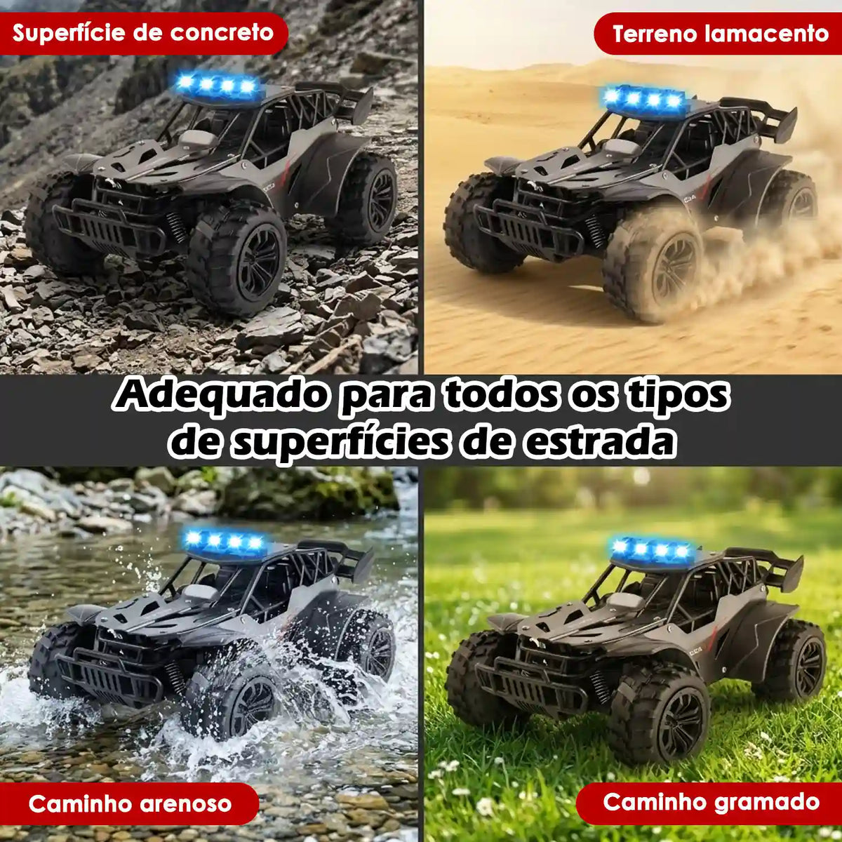 Carro de controle remoto preto e cinza em quatro cenas sobre concreto, pedras, areia e gramado.