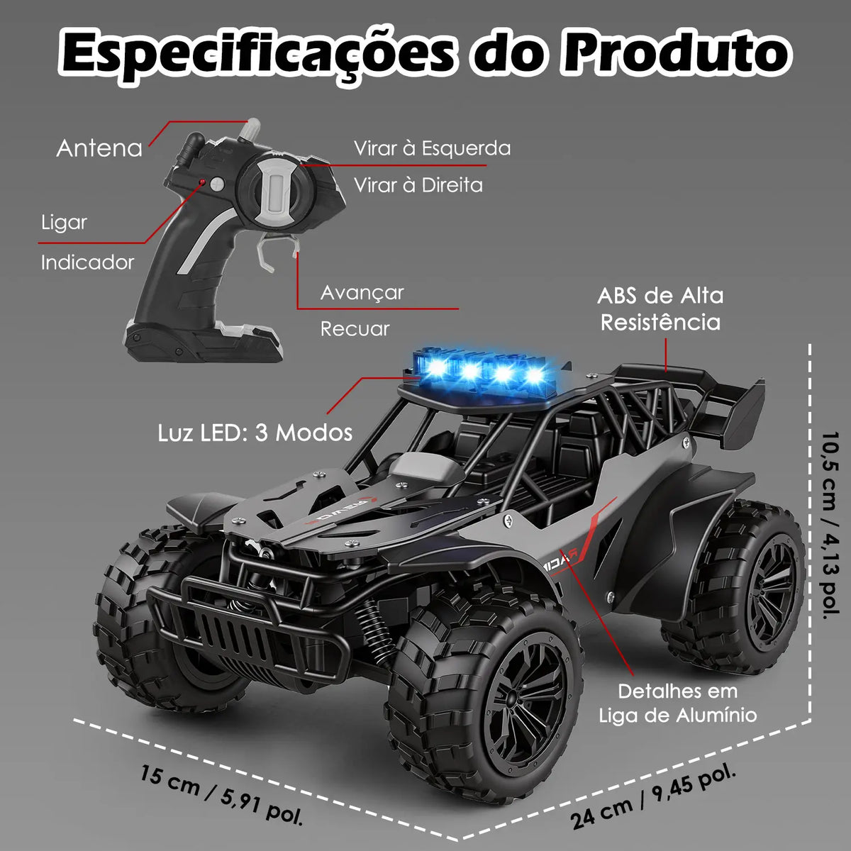 Carro de controle remoto preto e cinza com detalhes do controle, luzes, carroceria e medidas indicadas ao redor do veículo.
