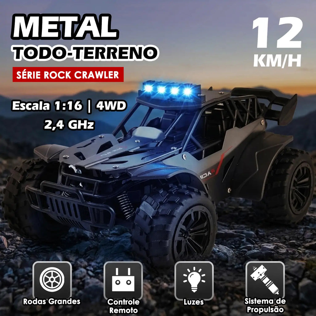 Carro de controle remoto preto e cinza em cenário noturno com luzes azuis acesas e informações visuais do modelo.