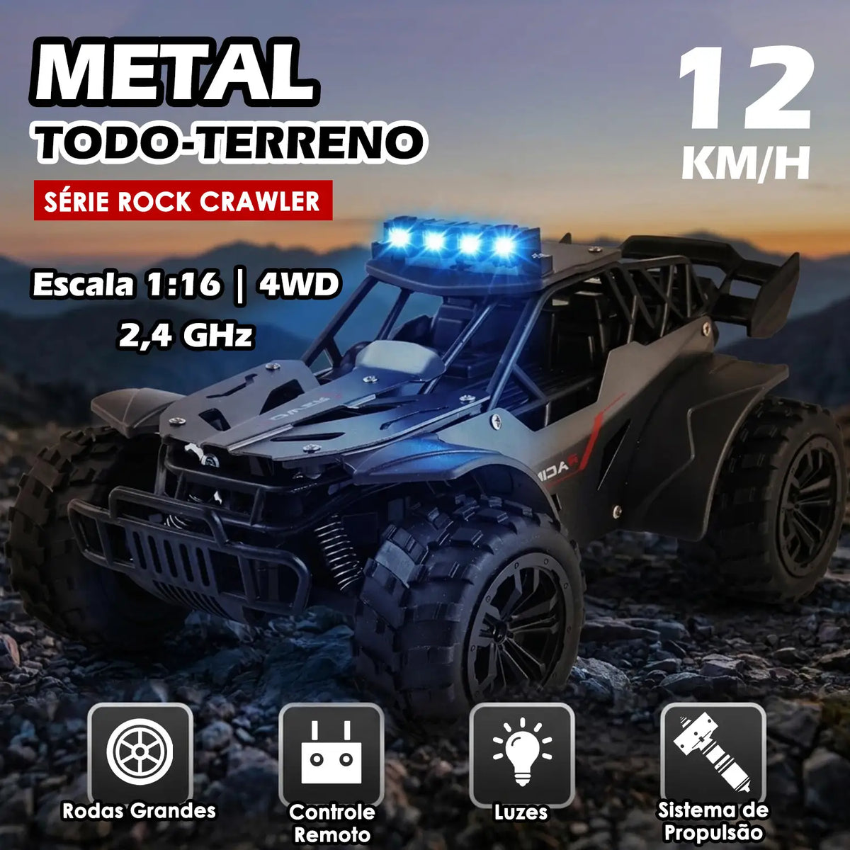 Carro de controle remoto preto e cinza em cenário noturno com luzes azuis acesas e informações visuais do modelo.
