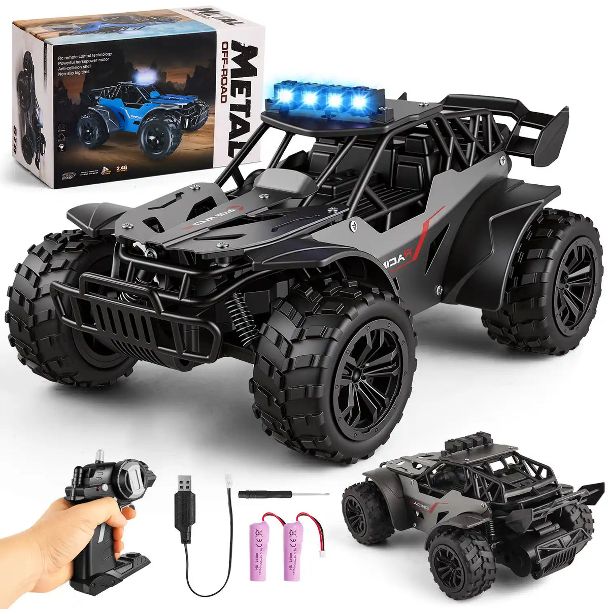 Carro de controle remoto preto e cinza em vista frontal com caixa, controle, cabo USB e miniatura lateral do veículo.