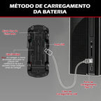Carro RC 1:64 preto e vermelho visto por baixo, com porta de carregamento conectada a um cabo USB.