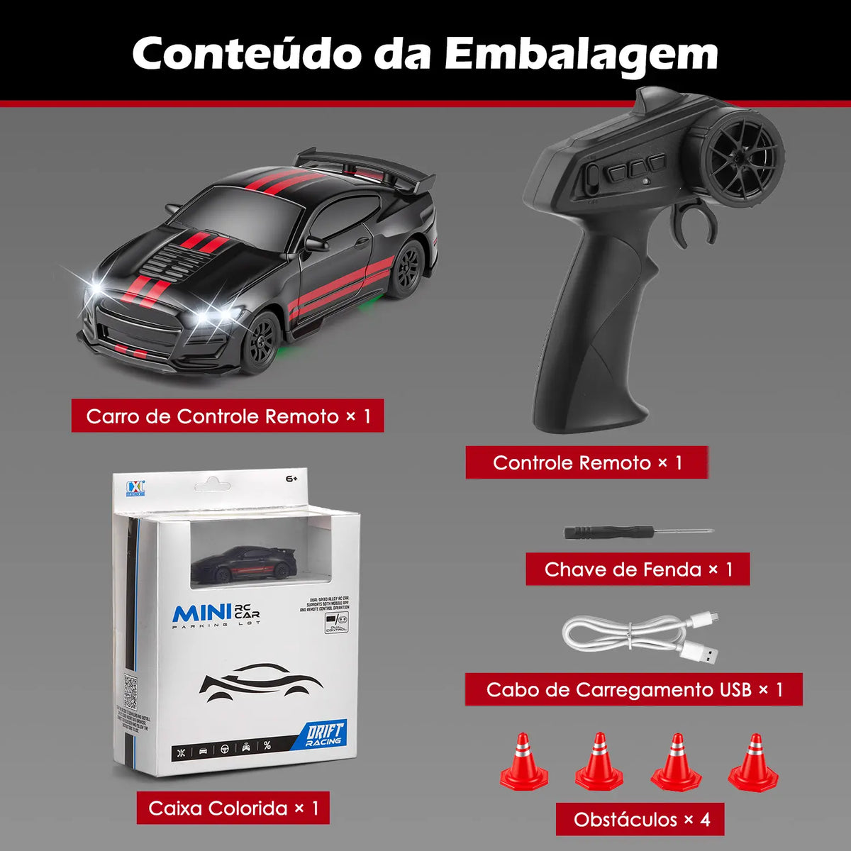 Carro RC 1:64 preto e vermelho com controle, caixa, cones, cabo USB e chave organizados como conteúdo do conjunto.