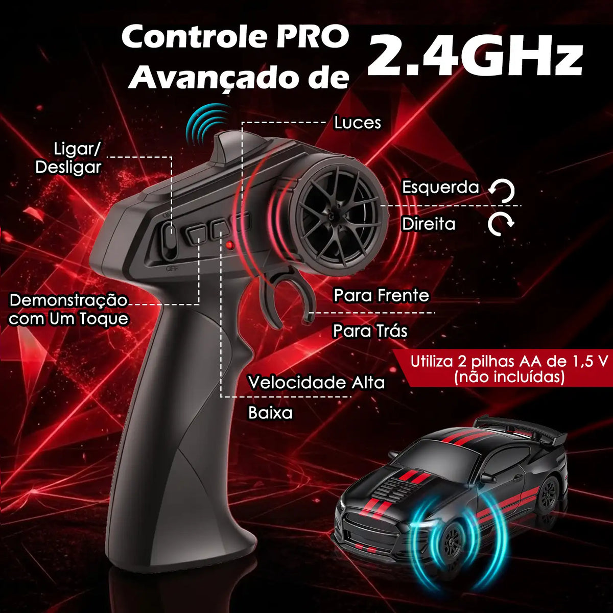 Carro RC 1:64 preto e vermelho com controle 2,4 GHz em destaque e comandos de direção identificados no painel.