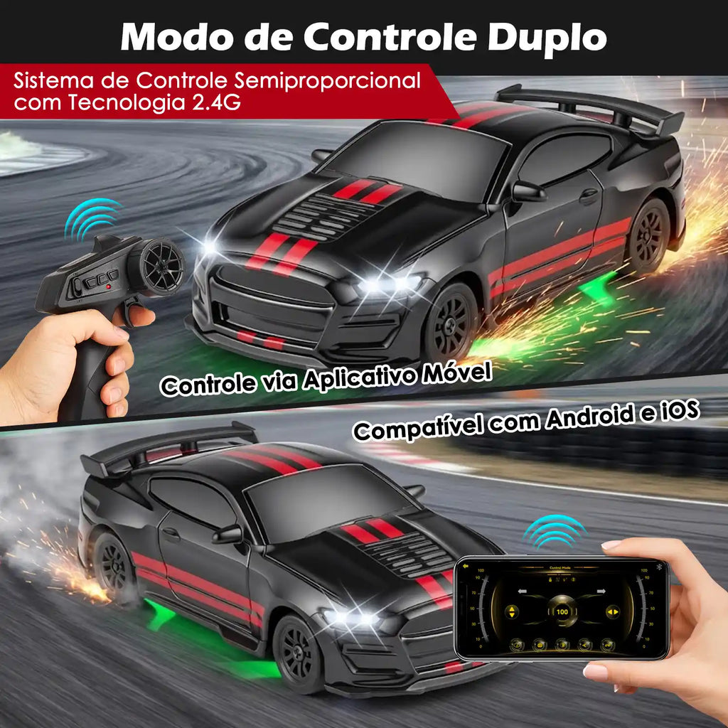 Carro RC 1:64 preto e vermelho mostrado com controle remoto e comando por aplicativo em duas cenas de uso.