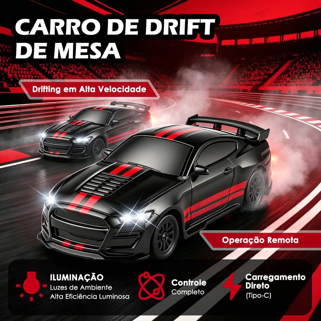 Carro RC 1:64 preto e vermelho em cena de drift sobre pista estilizada, com fumaça e iluminação vermelha.