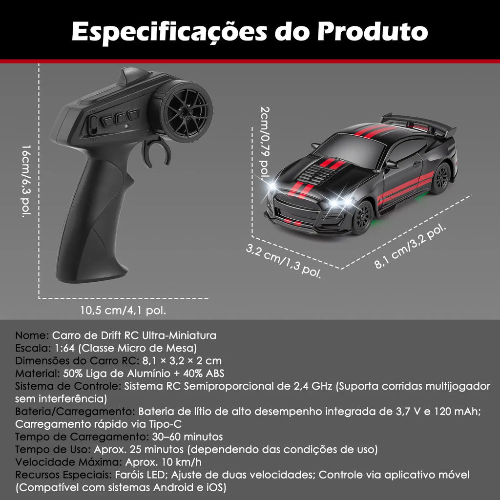 Carro RC 1:64 preto e vermelho ao lado do controle, com dimensões e quadro de especificações visíveis.