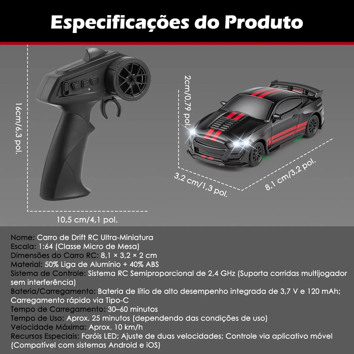 Carro RC 1:64 preto e vermelho ao lado do controle, com dimensões e quadro de especificações visíveis.