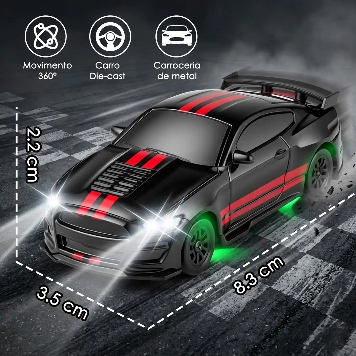 Carro RC 1:64 preto e vermelho em vista frontal elevada, com medidas indicadas e luzes laterais acesas.