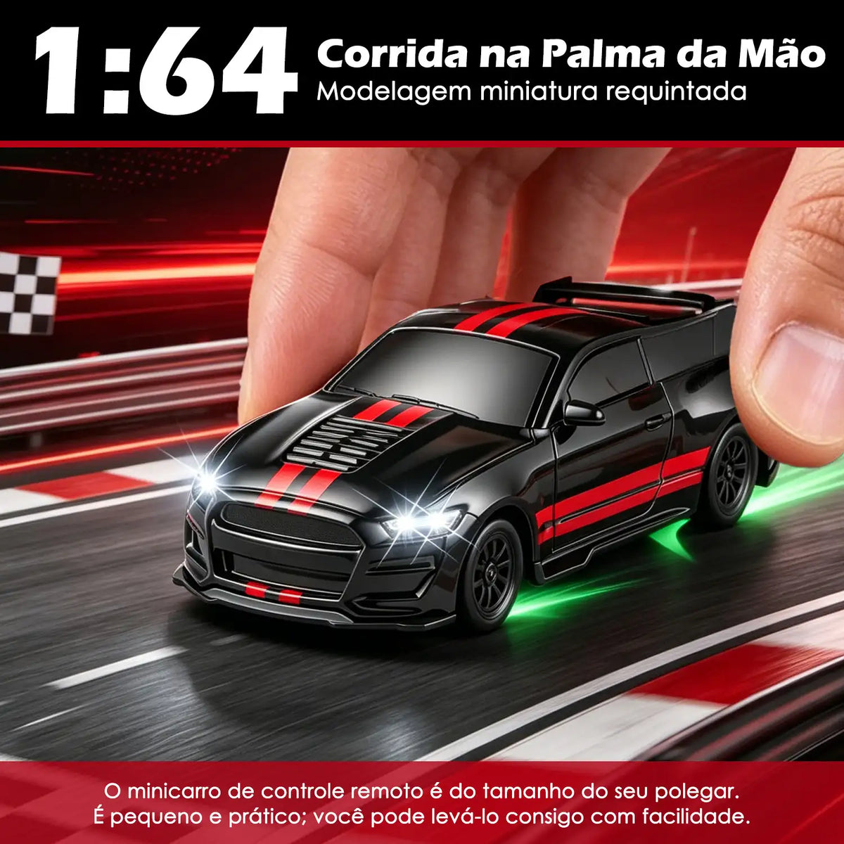 Carro RC 1:64 preto e vermelho em escala reduzida, segurado entre os dedos sobre fundo de corrida.