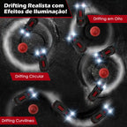 Carro RC 1:64 preto e vermelho em quatro trajetórias iluminadas que mostram curvas, giros e drift em oito.