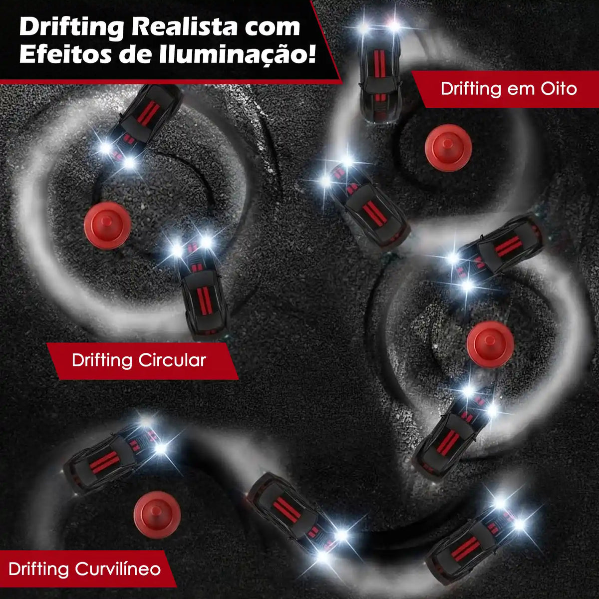 Carro RC 1:64 preto e vermelho em quatro trajetórias iluminadas que mostram curvas, giros e drift em oito.