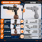 Pistola de água elétrica preta ao lado de outro modelo cinza em quadro comparativo de recursos.