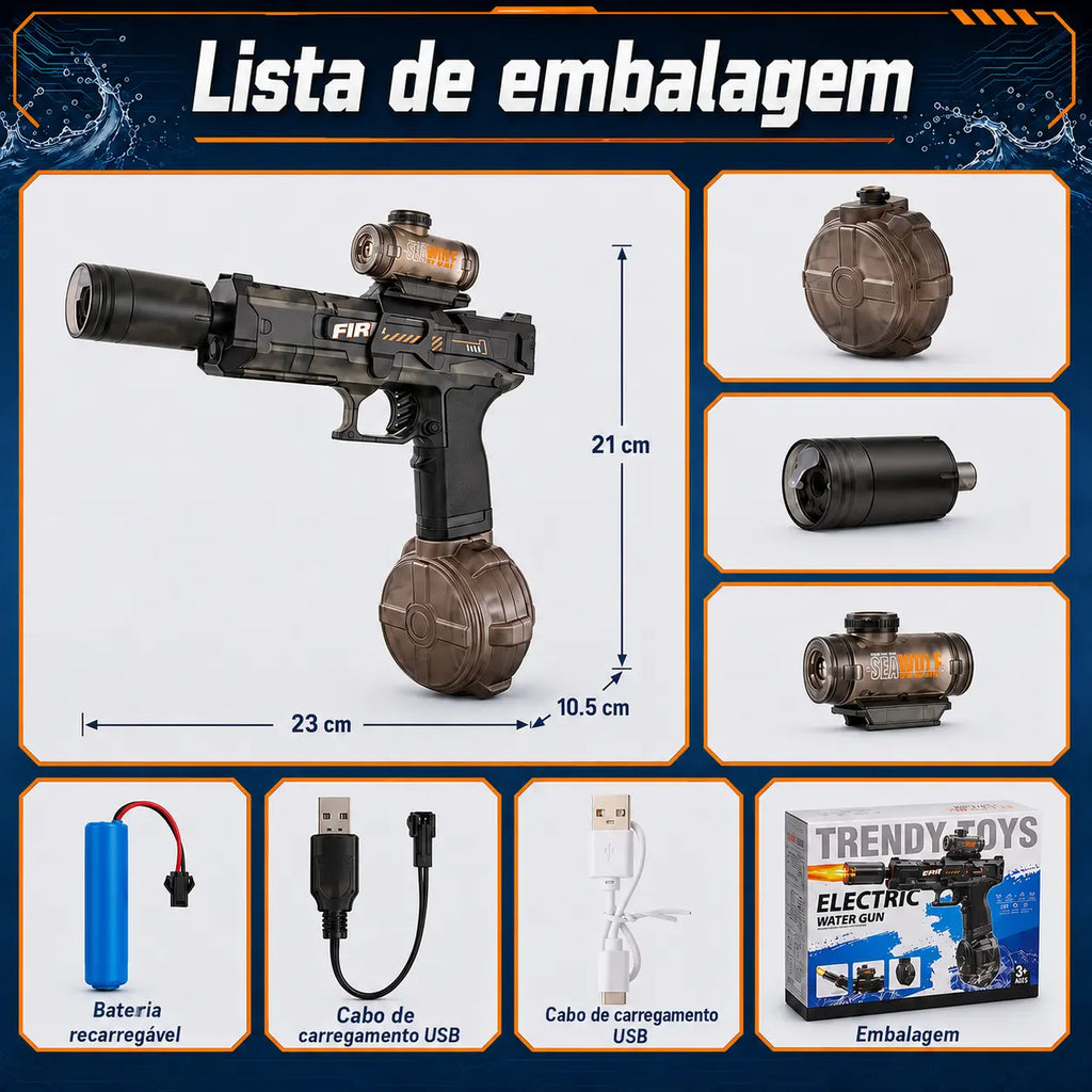 Pistola de água elétrica preta com reservatórios, mira, bateria, cabos USB, tubo e caixa organizados.