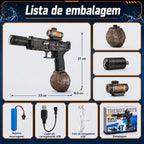 Pistola de água elétrica preta com reservatórios, mira, bateria, cabos USB, tubo e caixa organizados.
