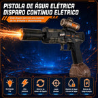 Pistola de água elétrica preta com luz frontal, mira, reservatório e ícones informativos ao redor.