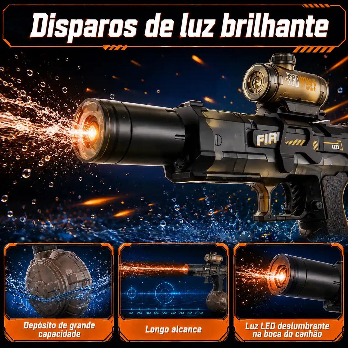 Pistola de água elétrica preta em close com luz frontal acesa, mira superior e reservatório esférico.