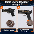 Pistola de água elétrica preta em duas etapas mostrando o enchimento do reservatório e o acionamento.