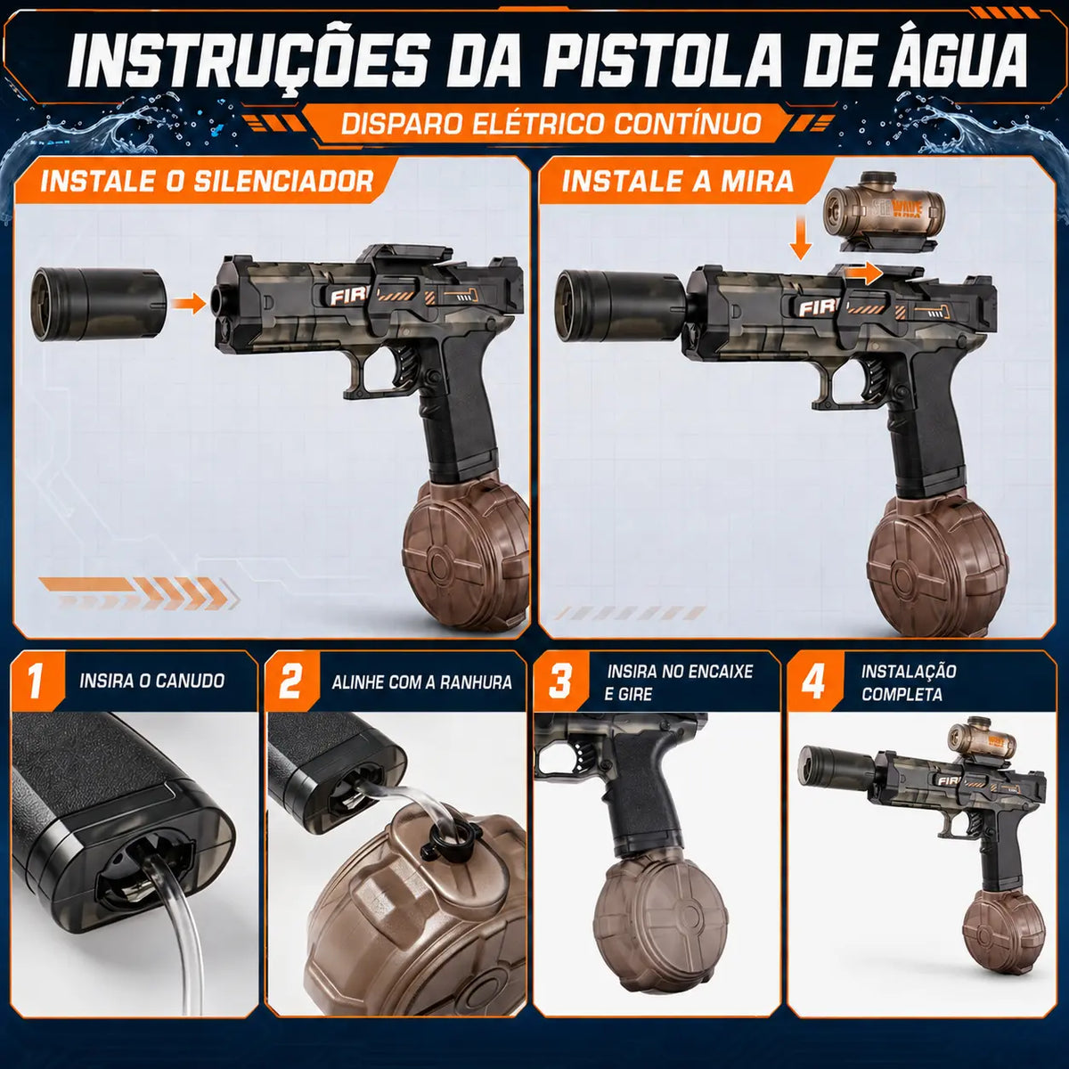Pistola de água elétrica preta com etapas visuais para instalar o cilindro, a mira e o reservatório.