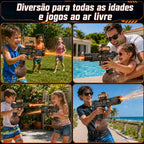 Pistola de água elétrica preta em quatro cenas de brincadeira com crianças e adultos em áreas externas.