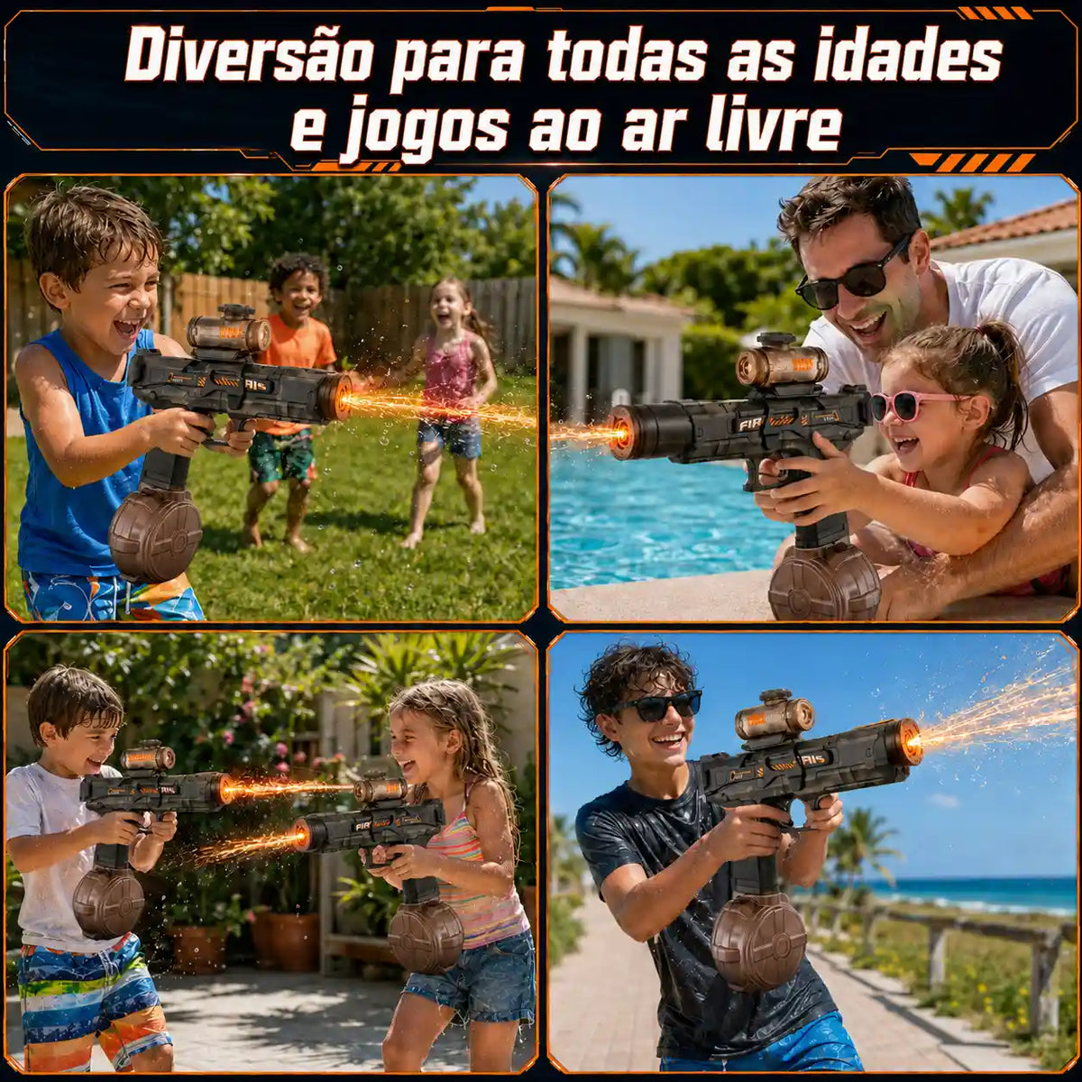 Pistola de água elétrica preta em quatro cenas de brincadeira com crianças e adultos em áreas externas.