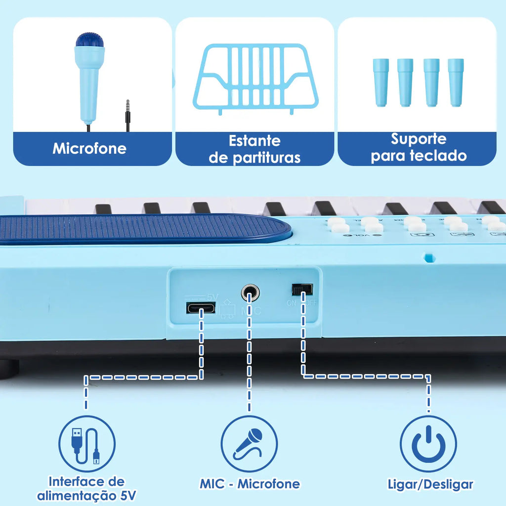 Teclado infantil azul com detalhe das conexões, microfone, suporte de partitura e apoio para o teclado.