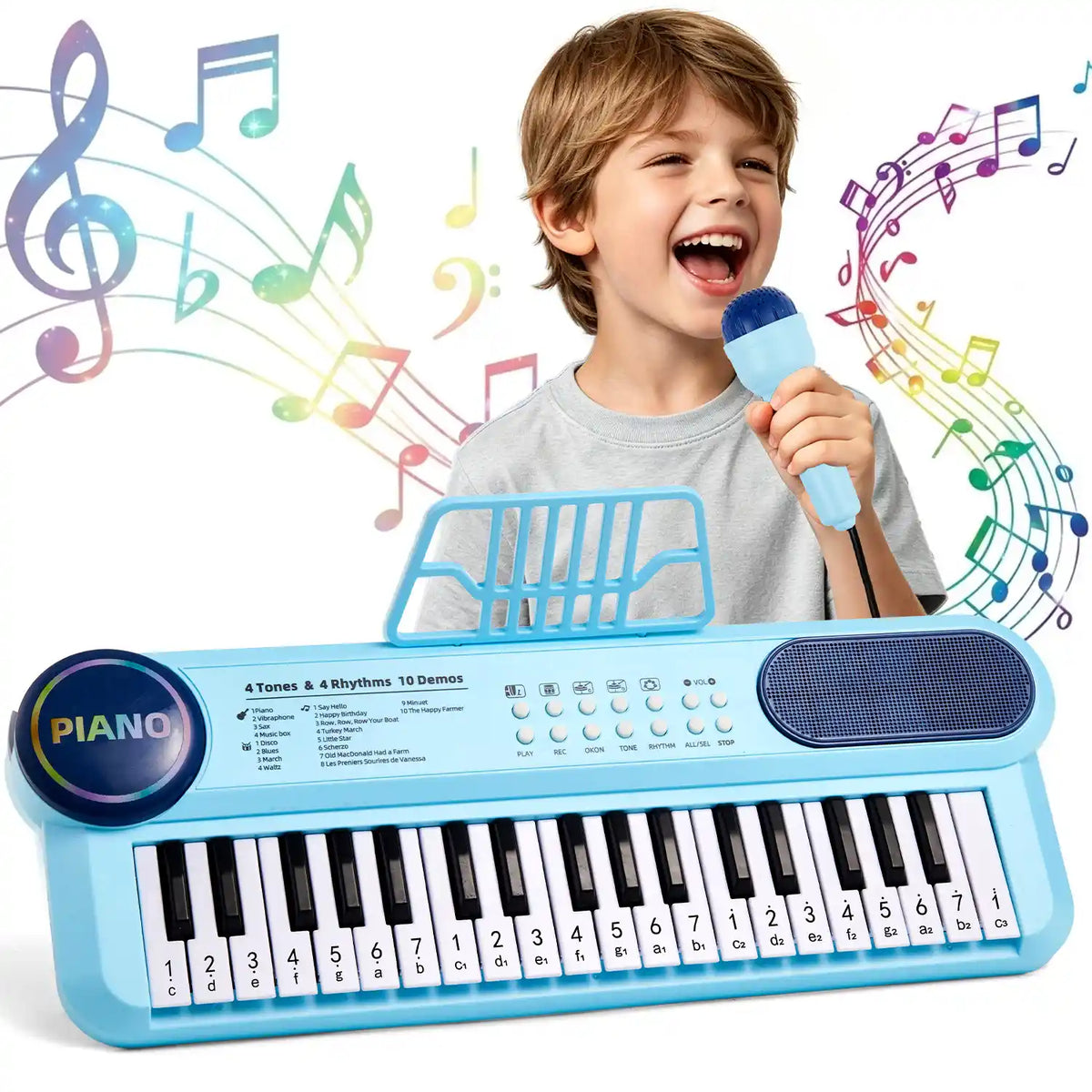 Teclado infantil azul com criança segurando o microfone e notas musicais coloridas ao fundo.