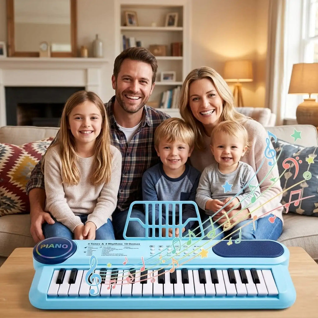 Teclado infantil azul em primeiro plano diante de uma família reunida em ambiente interno.