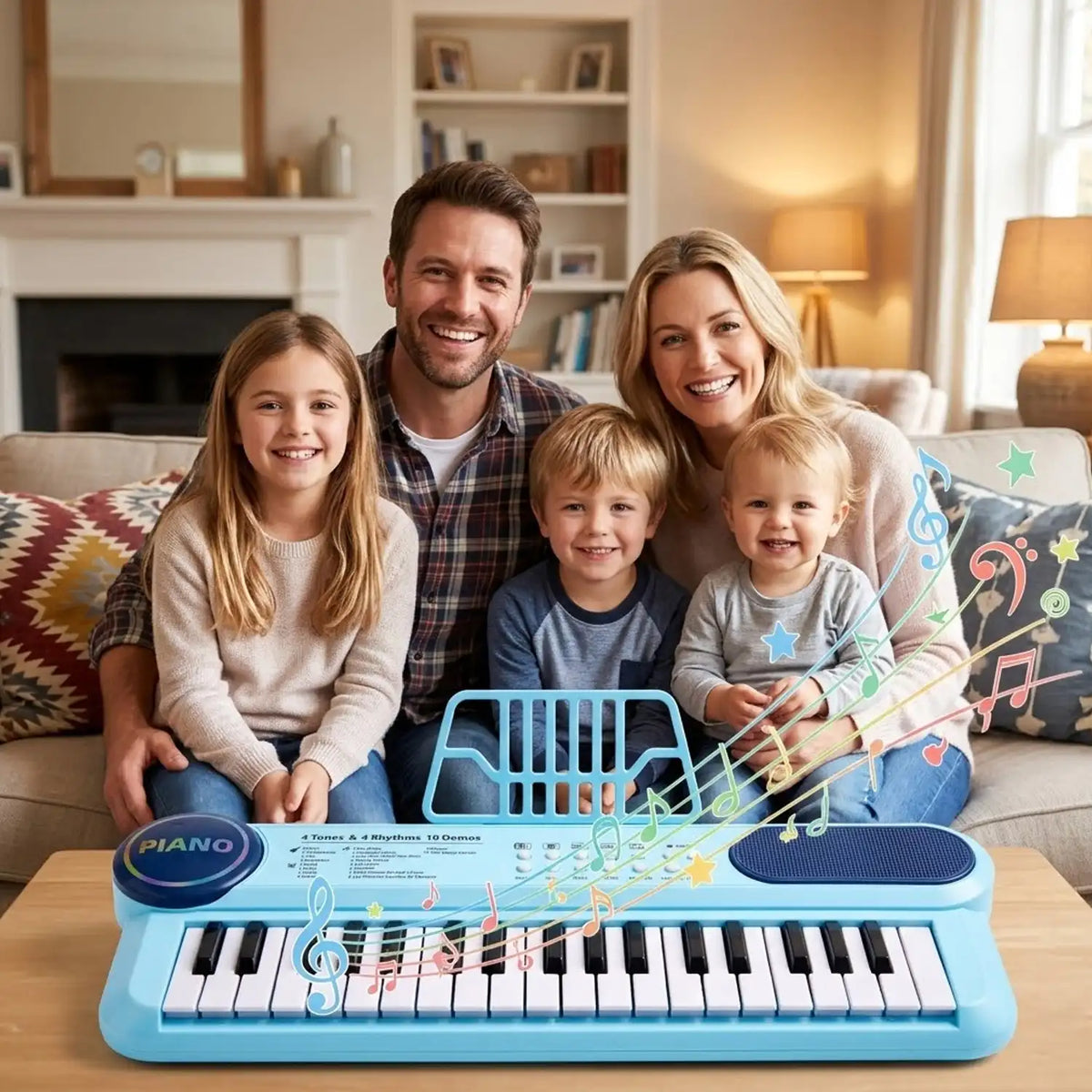 Teclado infantil azul em primeiro plano diante de uma família reunida em ambiente interno.