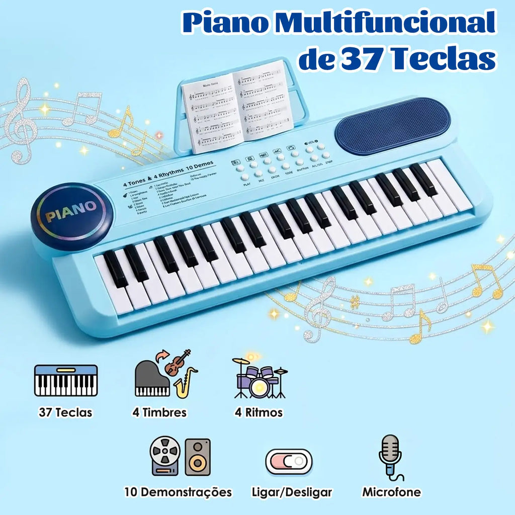 Teclado infantil azul visto de cima com 37 teclas, botões de controle, alto-falante e microfone.