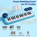Teclado infantil azul visto de cima com 37 teclas, botões de controle, alto-falante e microfone.