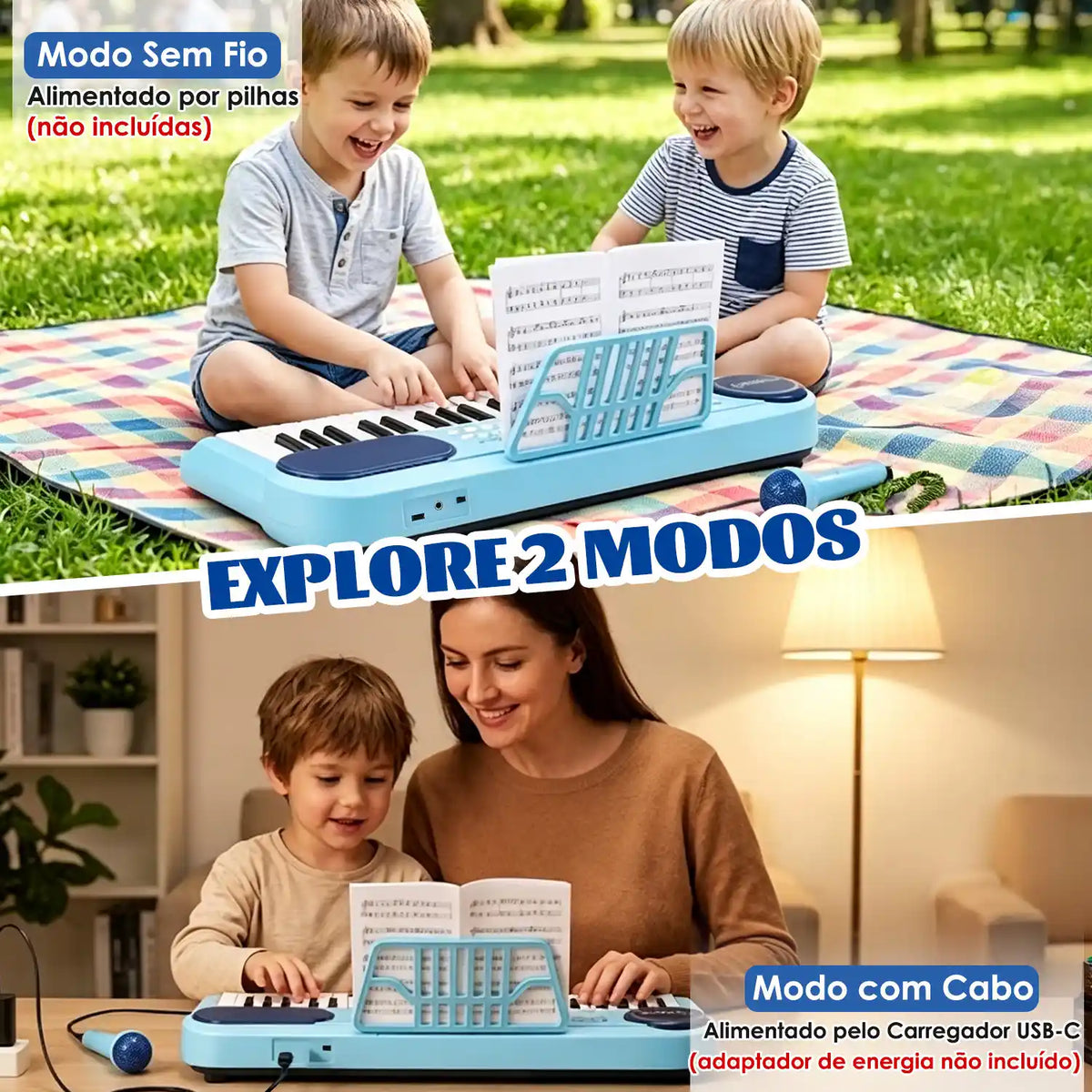 Teclado infantil azul em cenas de uso ao ar livre e com cabo, suporte de partitura e folha de músicas.