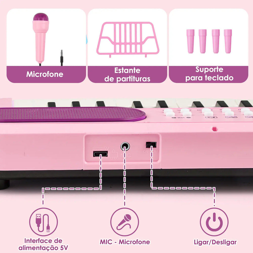 Teclado infantil rosa com detalhe das conexões, microfone, suporte de partitura e apoio para o teclado.