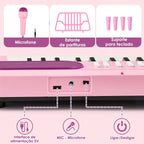 Teclado infantil rosa com detalhe das conexões, microfone, suporte de partitura e apoio para o teclado.