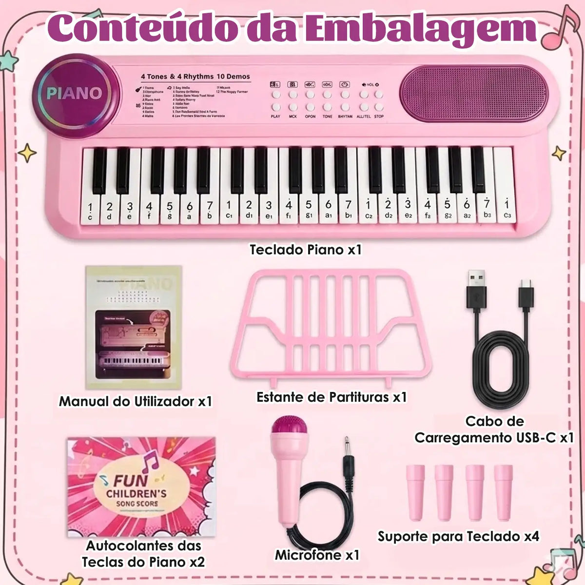 Teclado infantil rosa com teclado, manual, suporte de partitura, cabo USB, microfone e apoios organizados.