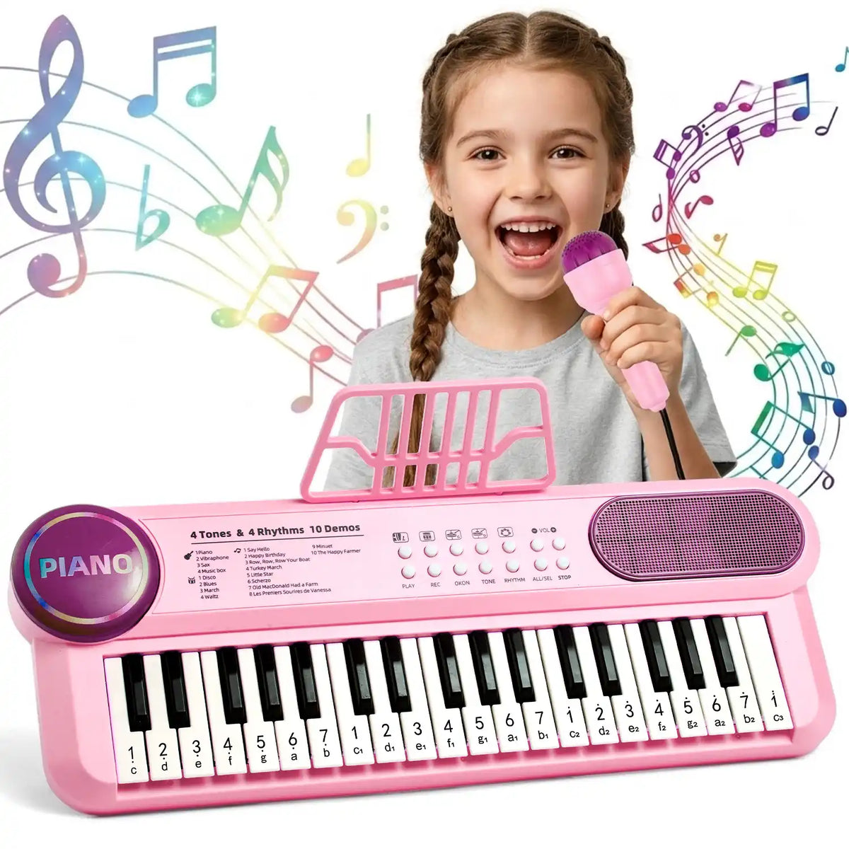 Teclado infantil rosa com criança segurando o microfone e notas musicais coloridas ao fundo.