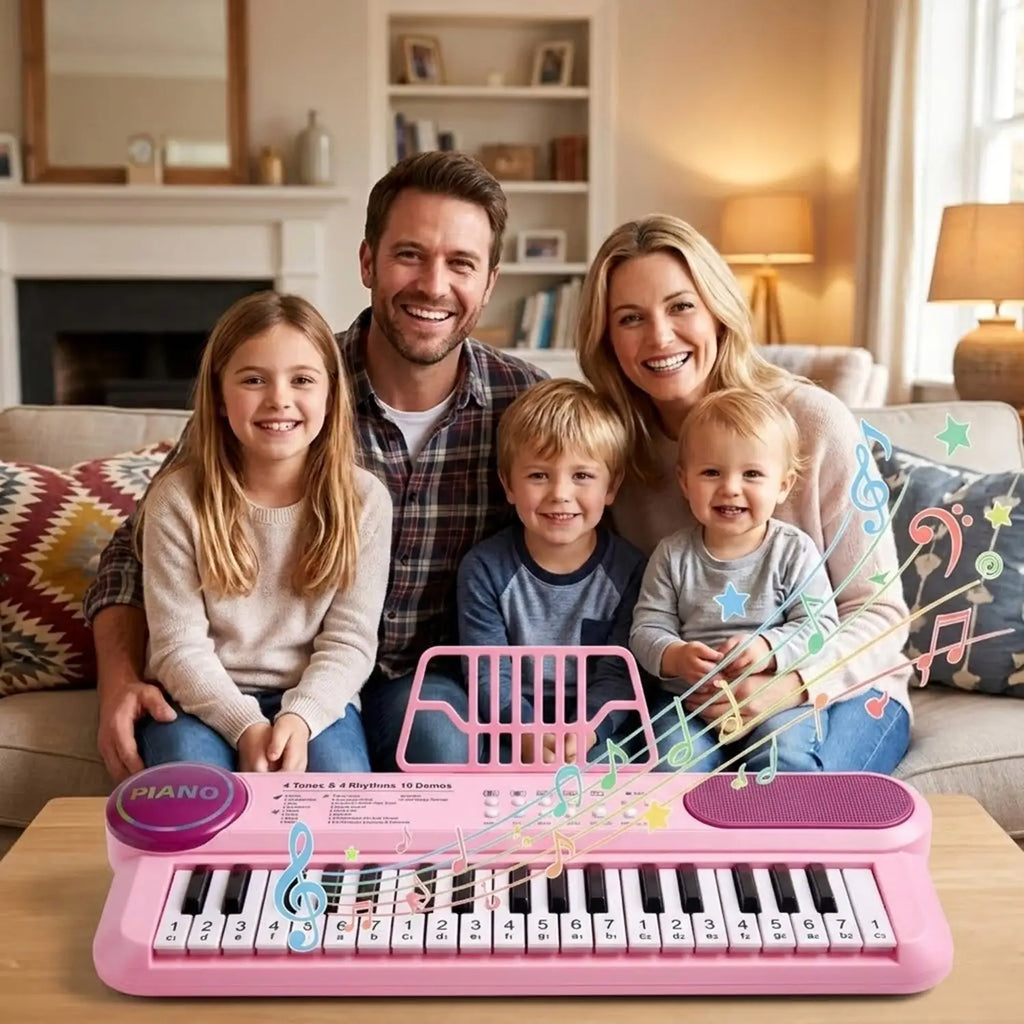 Teclado infantil rosa em primeiro plano diante de uma família reunida em ambiente interno.
