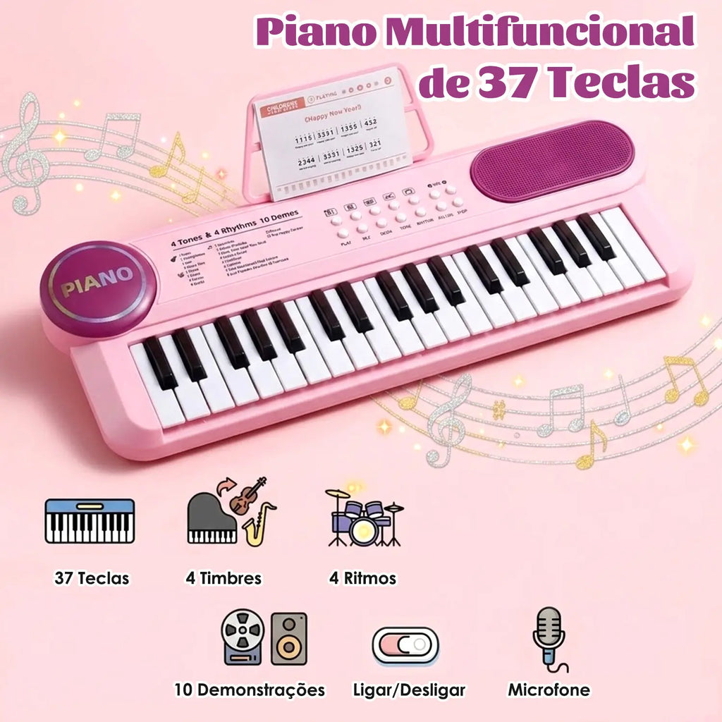 Teclado infantil rosa visto de cima com 37 teclas, botões de controle, alto-falante e microfone.