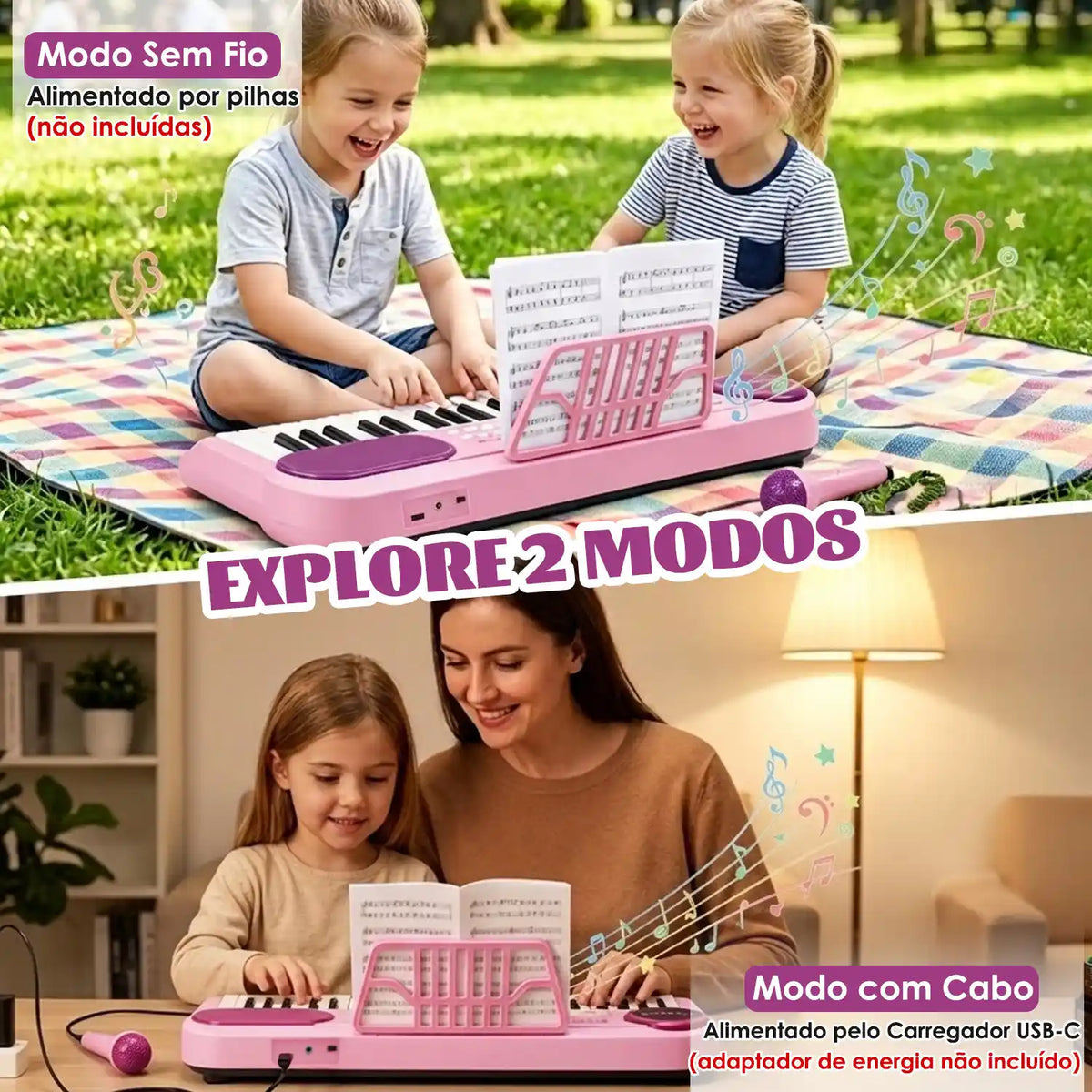 Teclado infantil rosa em cenas de uso ao ar livre e com cabo, suporte de partitura e folha de músicas.
