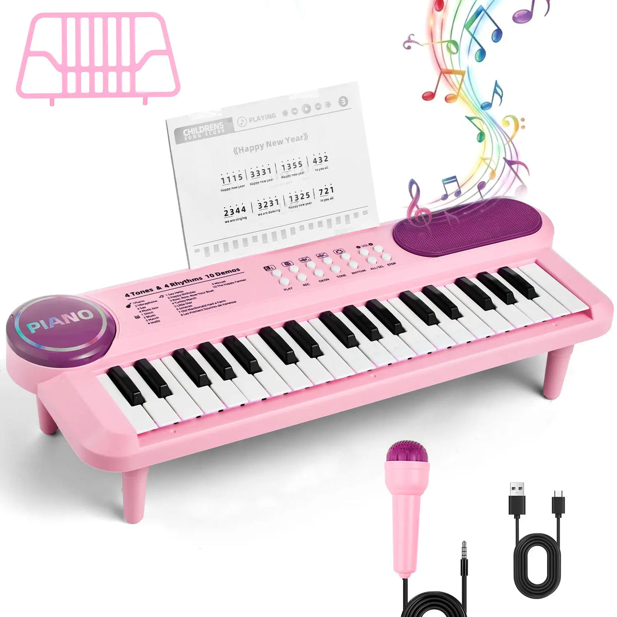 Teclado infantil rosa com microfone, suporte de partitura, cabo USB e folha de músicas sobre fundo branco.