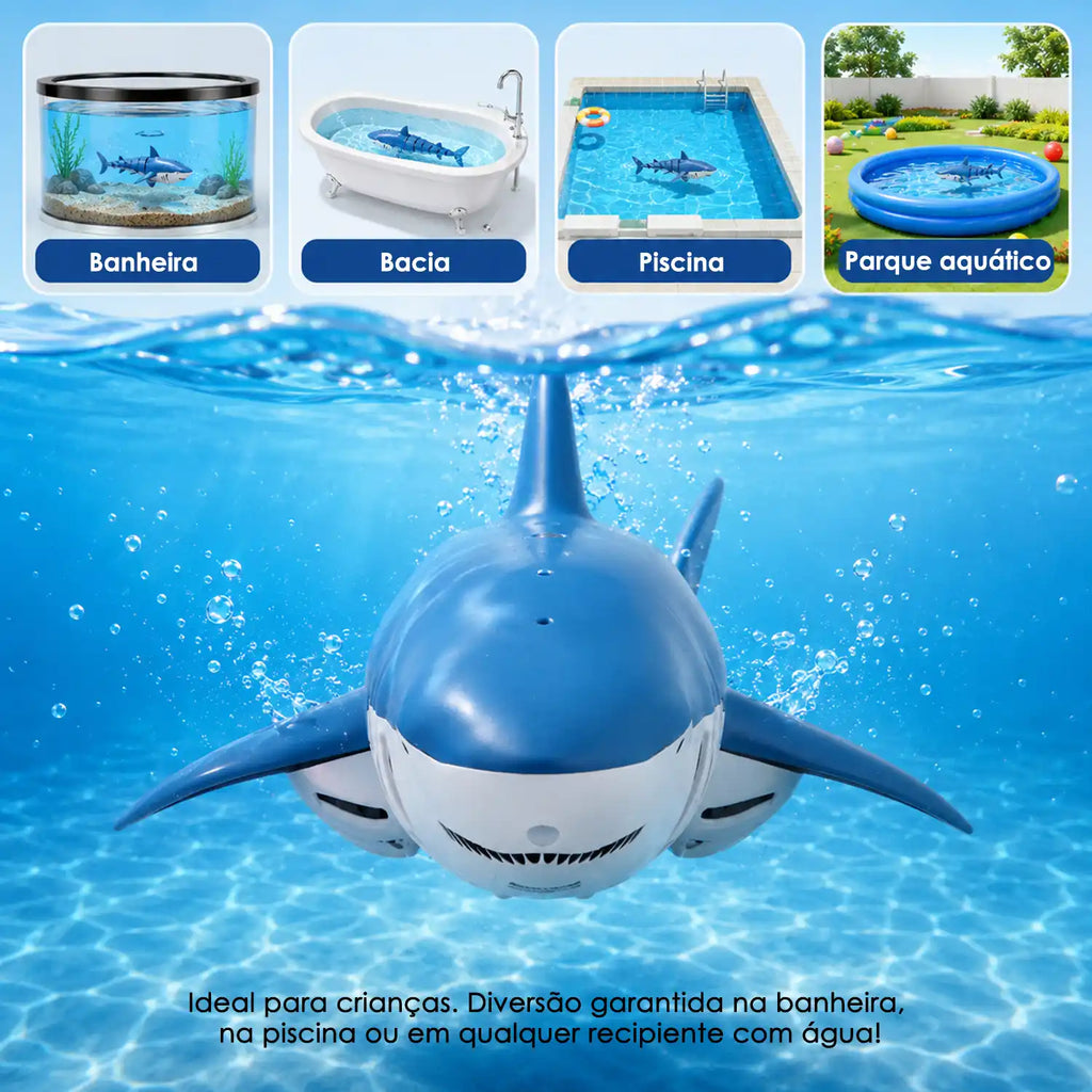 Tubarão azul por controle remoto submerso com exemplos visuais de uso em banheira, bacia, piscina e parque aquático.