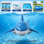 Tubarão azul por controle remoto submerso com exemplos visuais de uso em banheira, bacia, piscina e parque aquático.