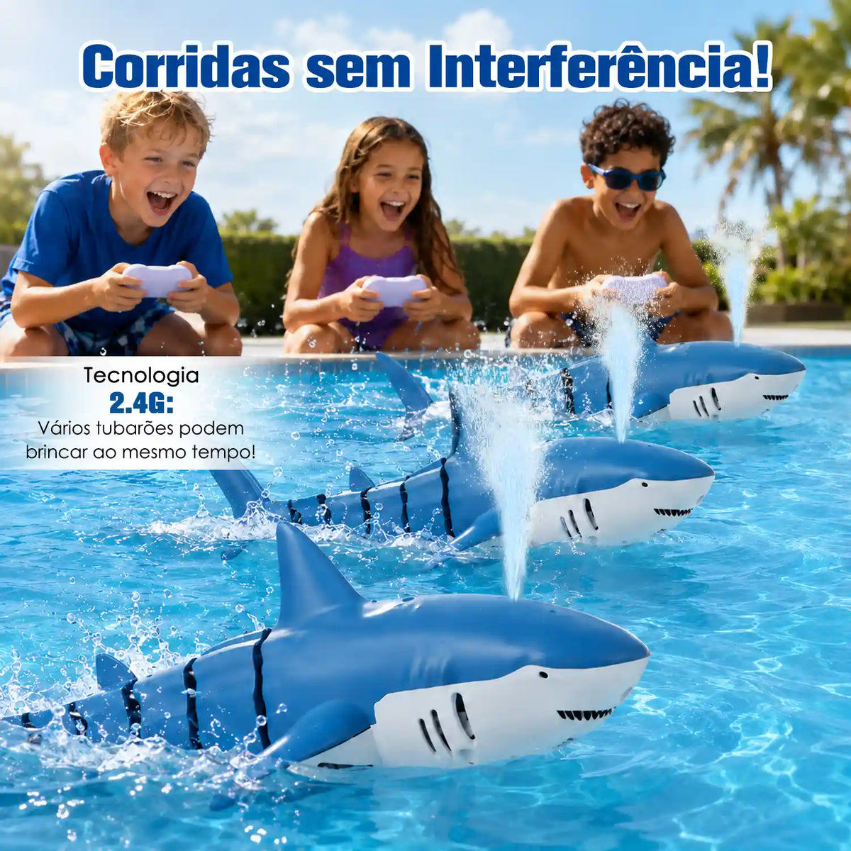 Tubarão azul por controle remoto com três crianças controlando dois tubarões em uma piscina ao ar livre.