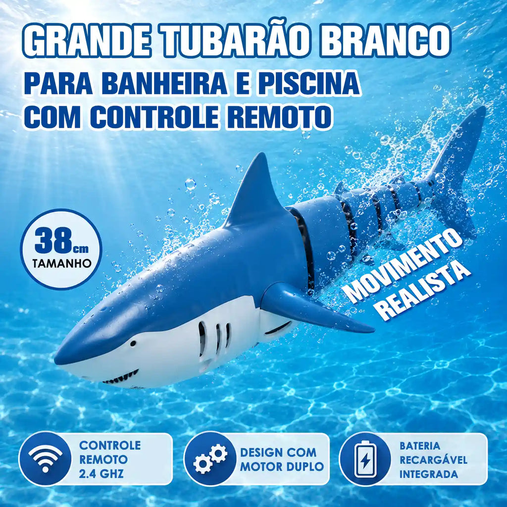 Tubarão azul por controle remoto nadando em água azul com informações visuais do controle e da bateria.